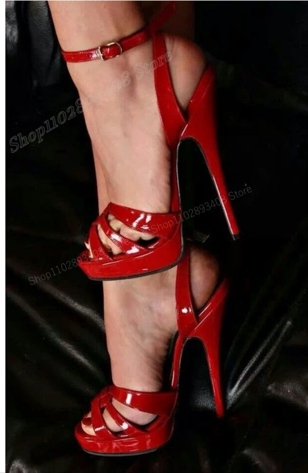 ❤️Red Patent Leather Hollow Sandals Stiletto Heel Solid Ankle Buckle Strap 2024❤️