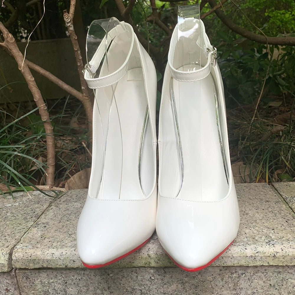 🔥16cm Super High Shiny White Patent Leather Ankle Strap Pumps🔥