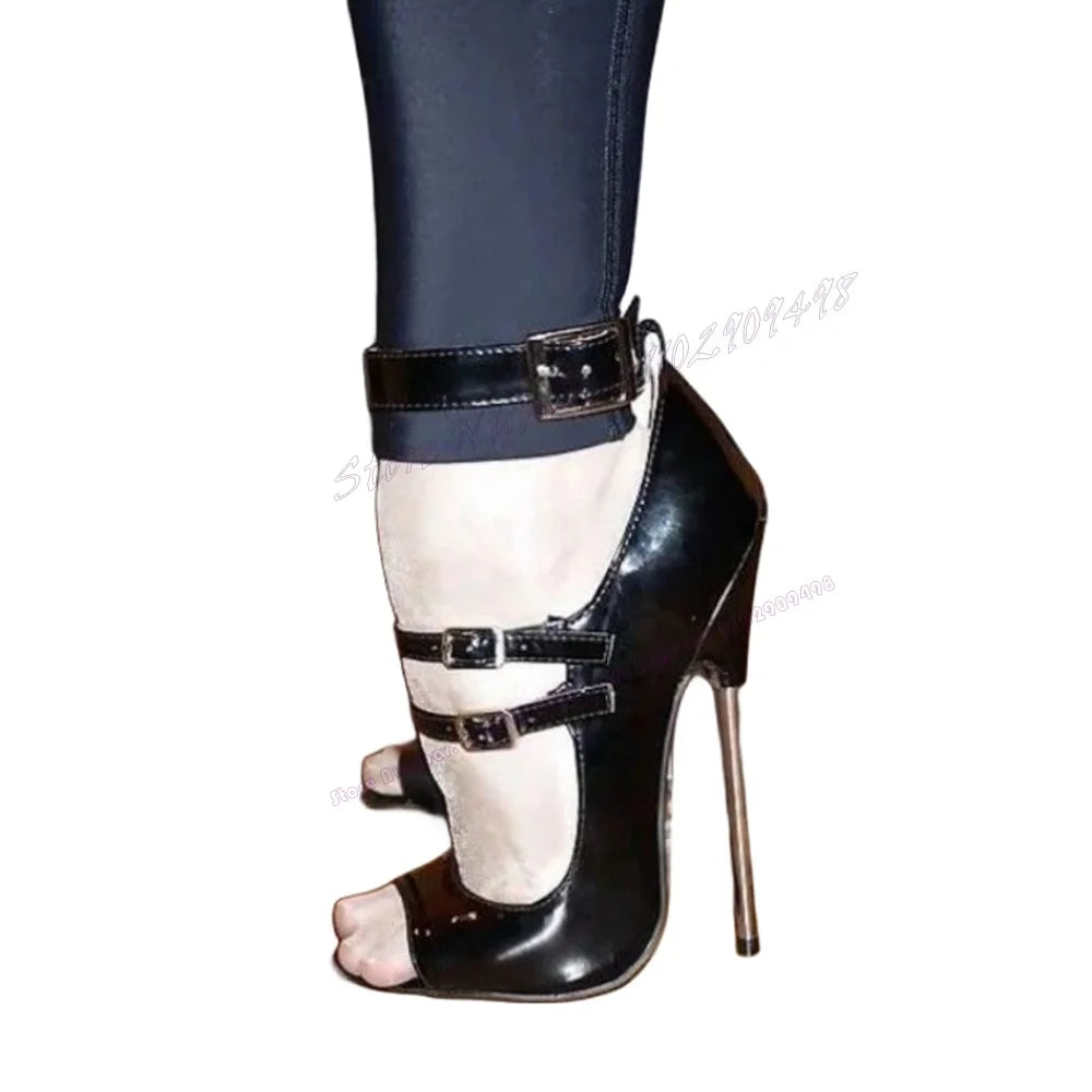⭐Black Slip On Metal Heel Patent Leather Peep Toe Extreme High Heel Fetish Sandals⭐