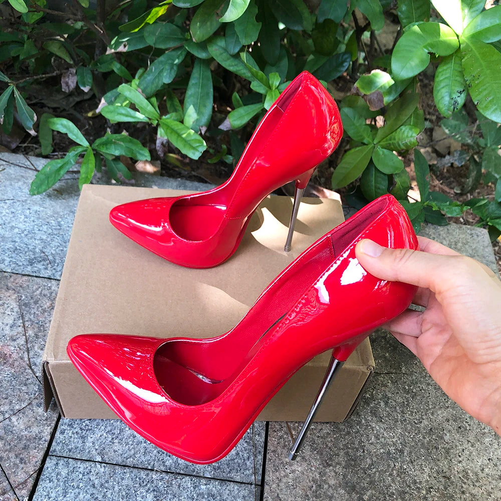 ♥️16cm Extreme Metal Heel Solid Red Stiletto Fetish Model Club Pumps Size 35-46♥️