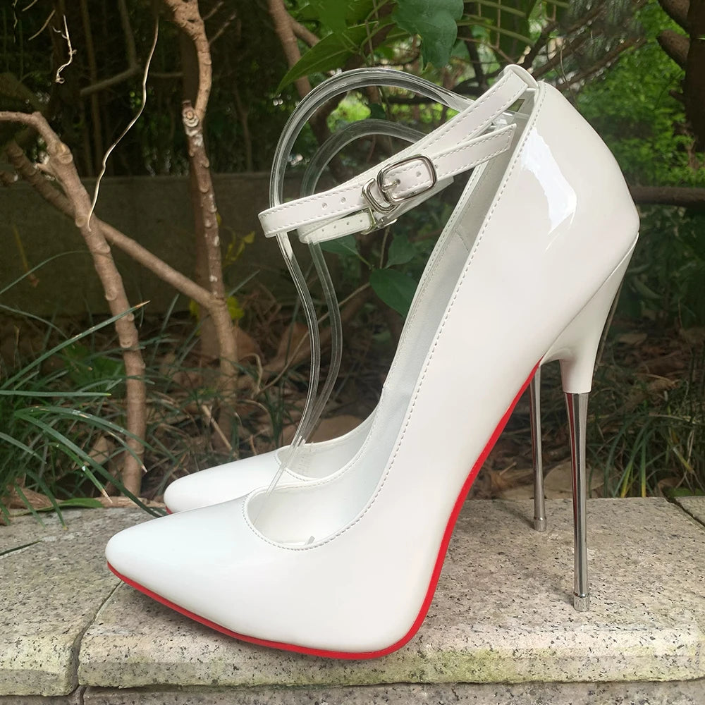 🔥16cm Super High Shiny White Patent Leather Ankle Strap Pumps🔥