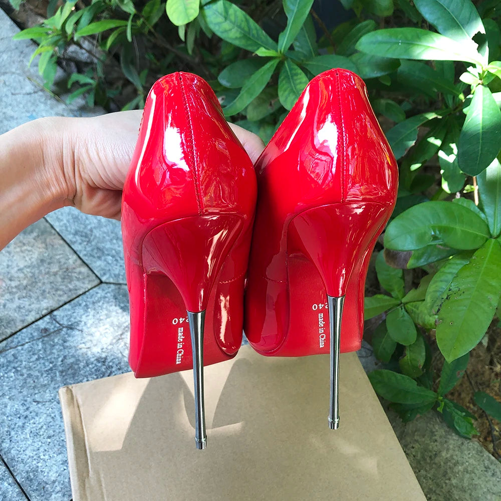 ♥️16cm Extreme Metal Heel Solid Red Stiletto Fetish Model Club Pumps Size 35-46♥️