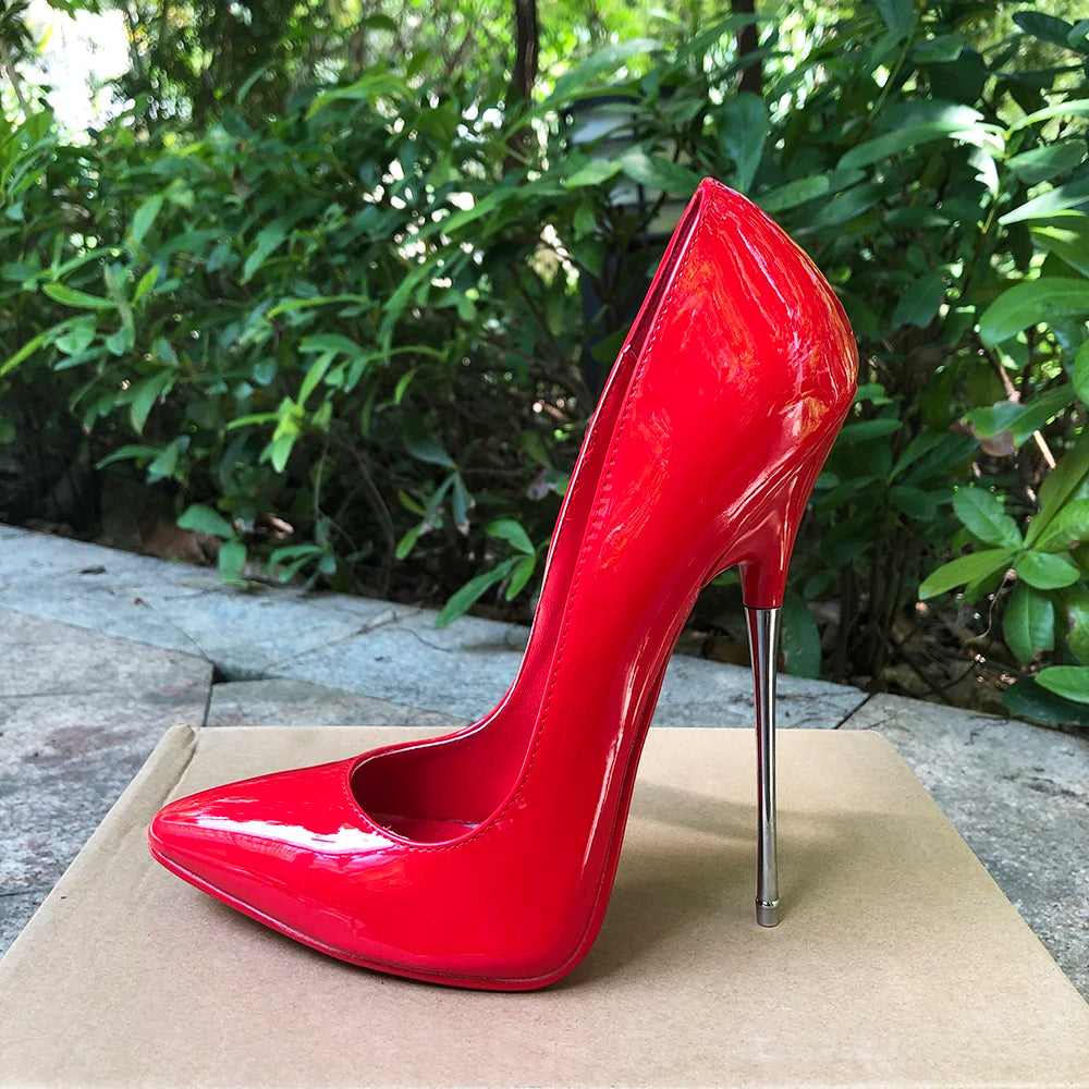 ♥️16cm Extreme Metal Heel Solid Red Stiletto Fetish Model Club Pumps Size 35-46♥️