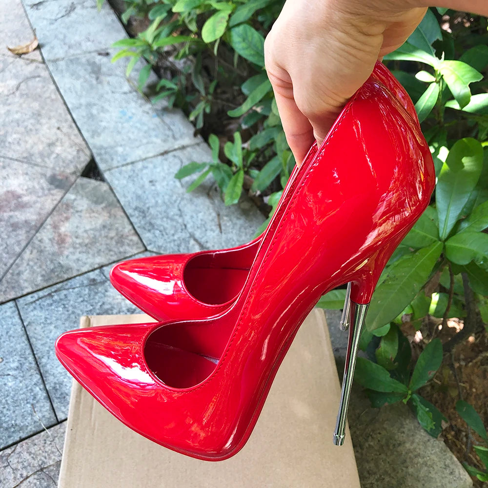 ♥️16cm Extreme Metal Heel Solid Red Stiletto Fetish Model Club Pumps Size 35-46♥️
