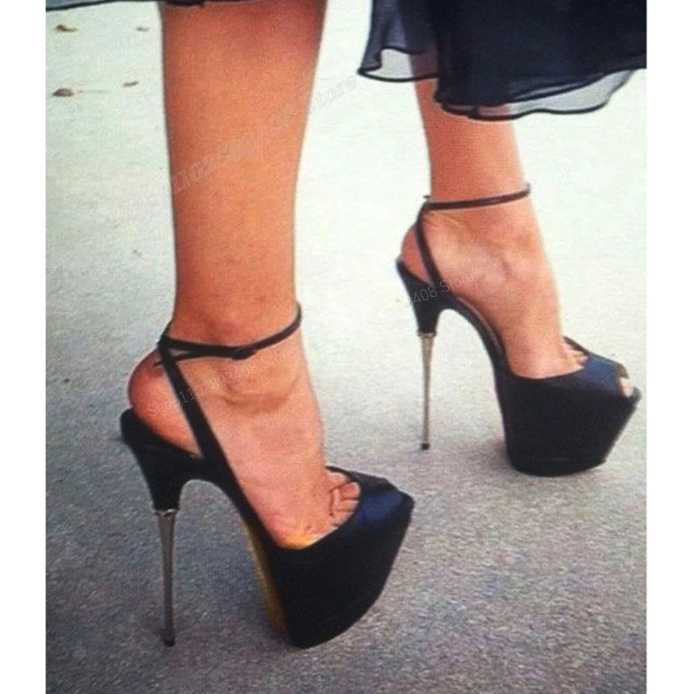 💜Black Matte Leather Platform Peep Toe Buckle Metal Stiletto Heel Fashion 2024 Pumps💜