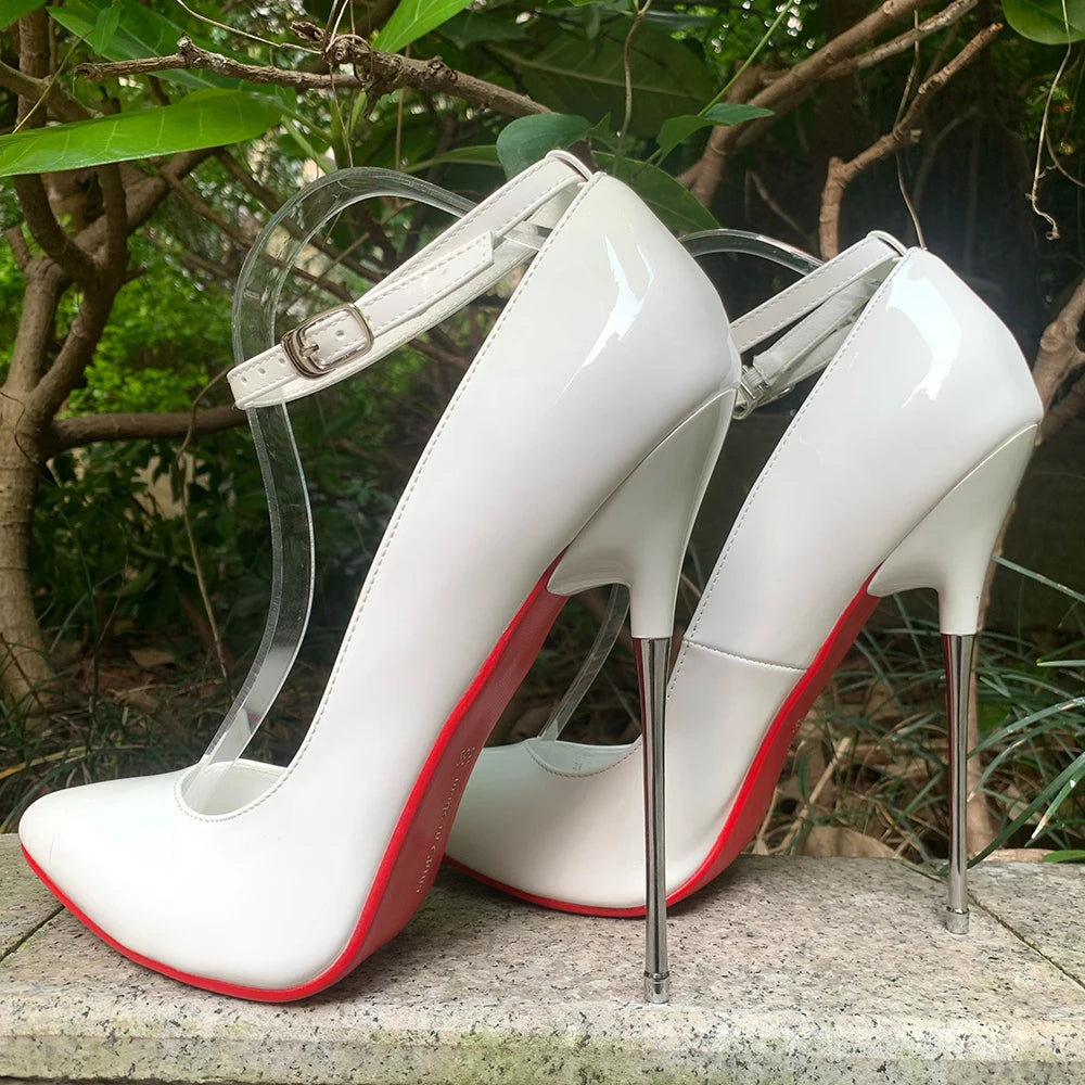 🔥16cm Super High Shiny White Patent Leather Ankle Strap Pumps🔥