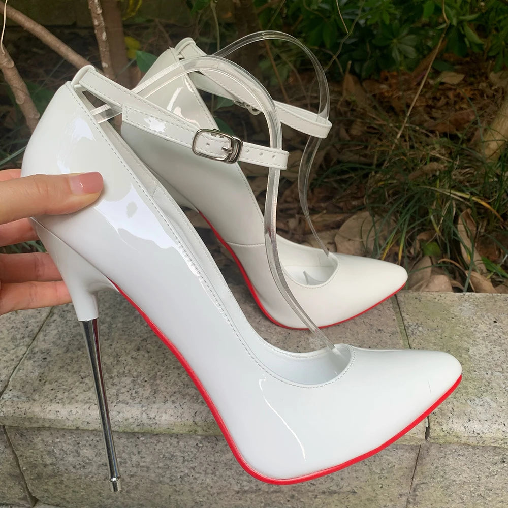 🔥16cm Super High Shiny White Patent Leather Ankle Strap Pumps🔥