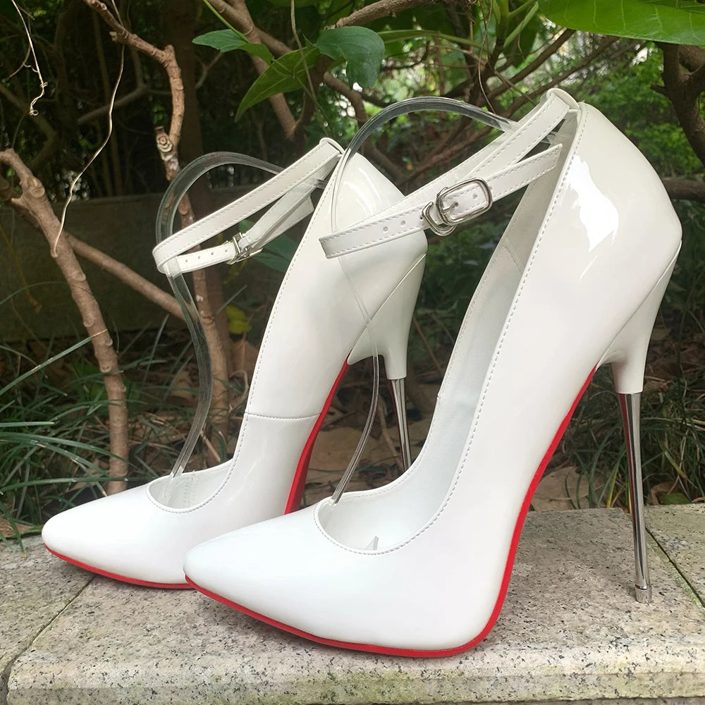 🔥16cm Super High Shiny White Patent Leather Ankle Strap Pumps🔥