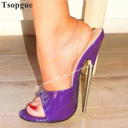 ⭐Luxury Purple Patent Leather Metal Heel Thin High Heel Women Shoes Slipper Mules⭐