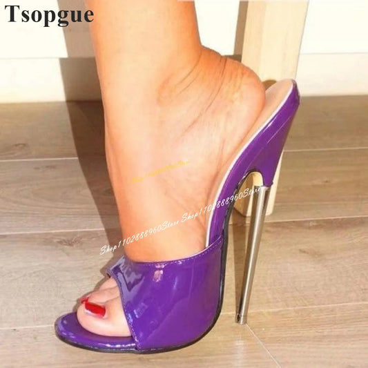 ⭐Luxury Purple Patent Leather Metal Heel Thin High Heel Women Shoes Slipper Mules⭐