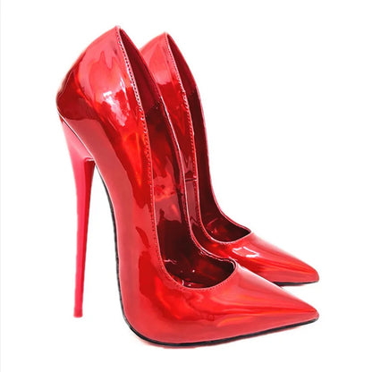 💘CACA 2024 16cm Stage Show Pumps Patent Leather Shallow Pointed Toe Laser Silver Red💘