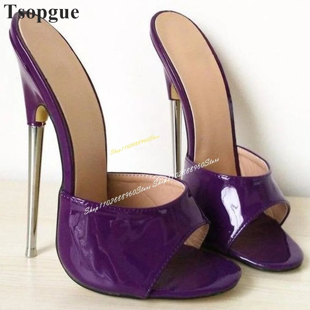 ⭐Luxury Purple Patent Leather Metal Heel Thin High Heel Women Shoes Slipper Mules⭐