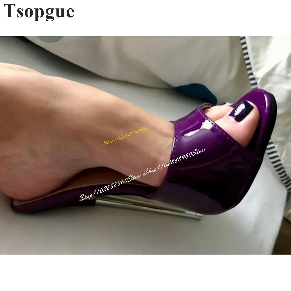 ⭐Luxury Purple Patent Leather Metal Heel Thin High Heel Women Shoes Slipper Mules⭐