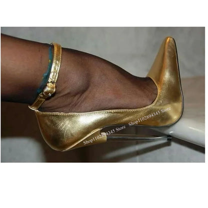 💜Golden Buckle Shallow Thin High Heel Pointed Toe Big Size Sexy Cool Summer Party Pumps💜
