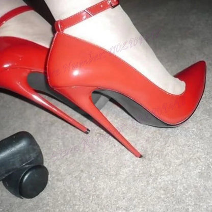 🔥Red Ankle Strap Sexy  Patent Leather Pointy Toe Party Pumps🔥