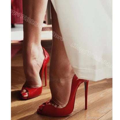 💘Red Peep Toe Stiletto Heel Shallow Patent Leather Spring British Style Pumps💘