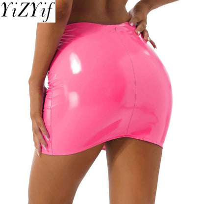 💘Latex Patent Leather Solid Elastic Waistband Glossy Pencil Night Club Party Skirt💘