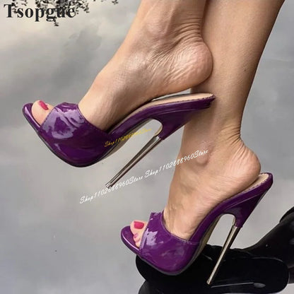 ⭐Luxury Purple Patent Leather Metal Heel Thin High Heel Women Shoes Slipper Mules⭐