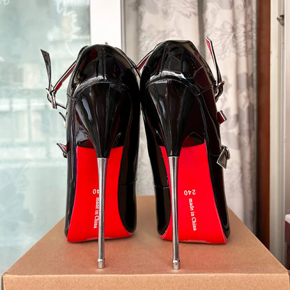 🔥2024 16cm Heel Black Ankle Strap Sexy Red inside Fetish Stiletto Instep Strap Factory Customize Pump Size46🔥