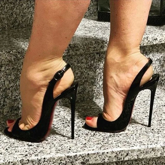 💘14cm Black Patent Leather Thin Heel Slingback Fashion Runway Dress Shoes💘