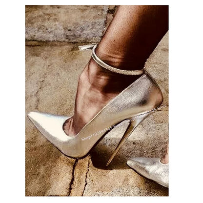 💜Golden Buckle Shallow Thin High Heel Pointed Toe Big Size Sexy Cool Summer Party Pumps💜