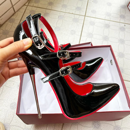 🔥2024 16cm Heel Black Ankle Strap Sexy Red inside Fetish Stiletto Instep Strap Factory Customize Pump Size46🔥