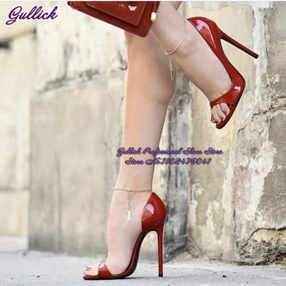 💘Gullick Red Black Patent Leather Open Toe Stiletto Heel Dress Heels💘