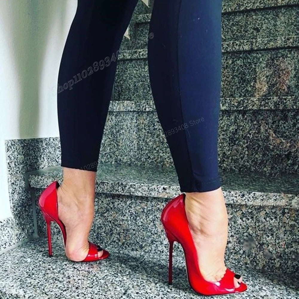 💘Red Sexy Patent Leather Peep Toe Stiletto High Heel Shallow Fashion Slip-on Pumps💘