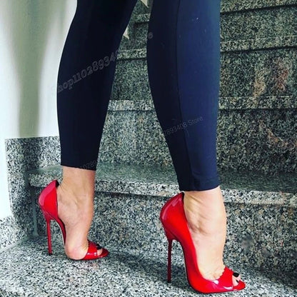 💘Red Sexy Patent Leather Peep Toe Stiletto High Heel Shallow Fashion Slip-on Pumps💘