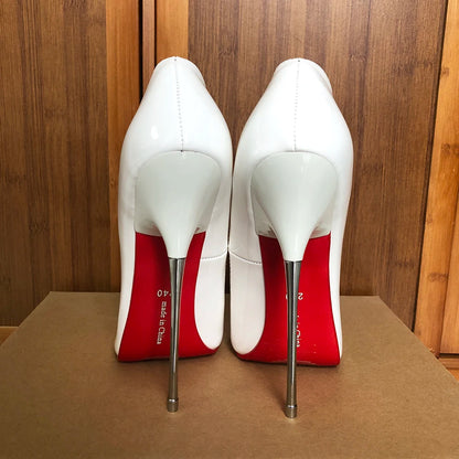 💞 Tikicup Glossy White 16cm Extremely High Metal Heel Pumps💞