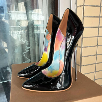 🔥16cm Extreme Heel Black Stiletto Shiny Silver Plated heel Pumps Fetish Catwalk Model Men Size35-46🔥