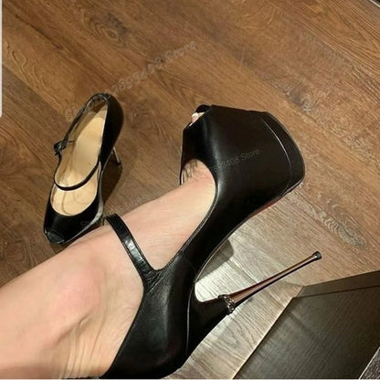 💜Black Matte Leather Platform Peep Toe Buckle Metal Stiletto Heel Fashion 2024 Pumps💜