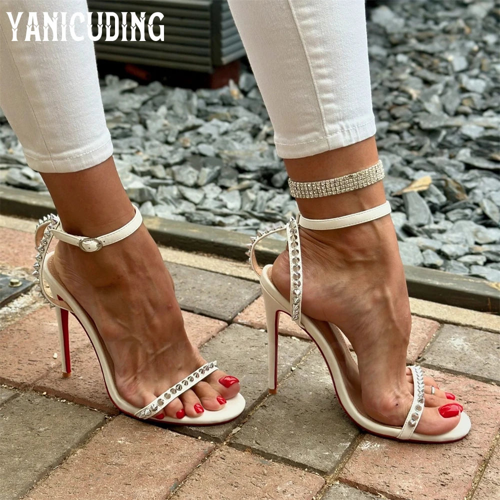 🎀Multicolor Leather Rivet Stiletto Luxury Designer Handmade Ankle Strap Stiletto Summer Sandals❤️