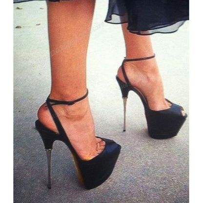 💜Black Matte Leather Platform Peep Toe Buckle Metal Stiletto Heel Fashion 2024 Pumps💜