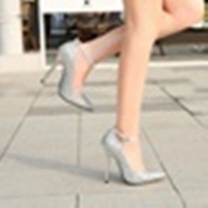 🔥Sliver Glitter Ankle Buckle Pointed Toe Stiletto High Heel Wedding Party  Pumps🔥