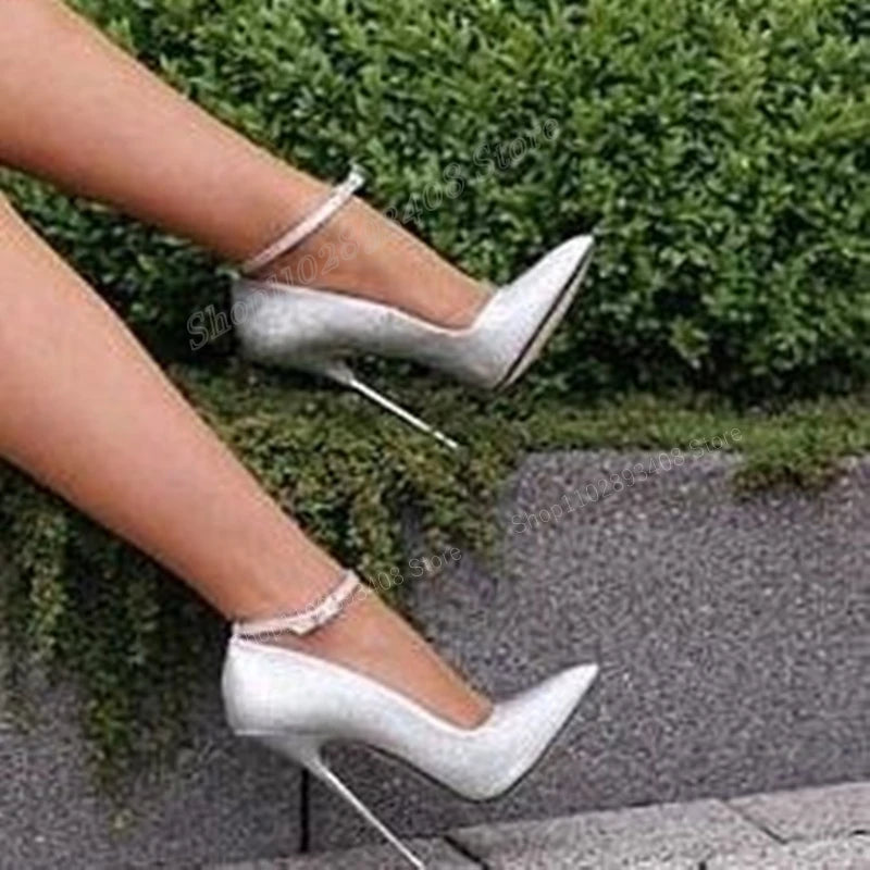 🔥Sliver Glitter Ankle Buckle Pointed Toe Stiletto High Heel Wedding Party  Pumps🔥