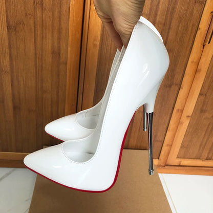💞 Tikicup Glossy White 16cm Extremely High Metal Heel Pumps💞