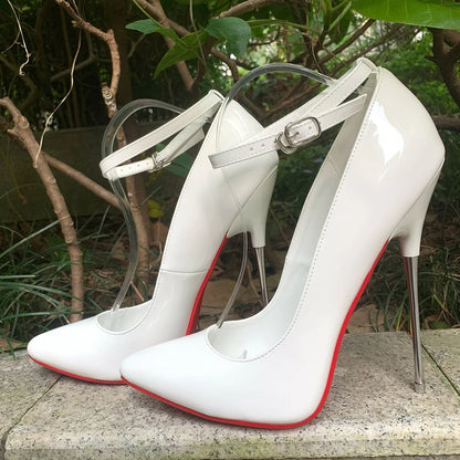 🔥16cm Super High Shiny White Patent Leather Ankle Strap Pumps🔥
