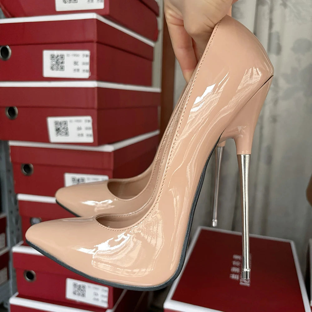 💞Extreme Metal Heel 16cm Stiletto Catwalk Fetish SM Model Pumps Black Apricot💞