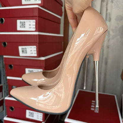 💞Extreme Metal Heel 16cm Stiletto Catwalk Fetish SM Model Pumps Black Apricot💞