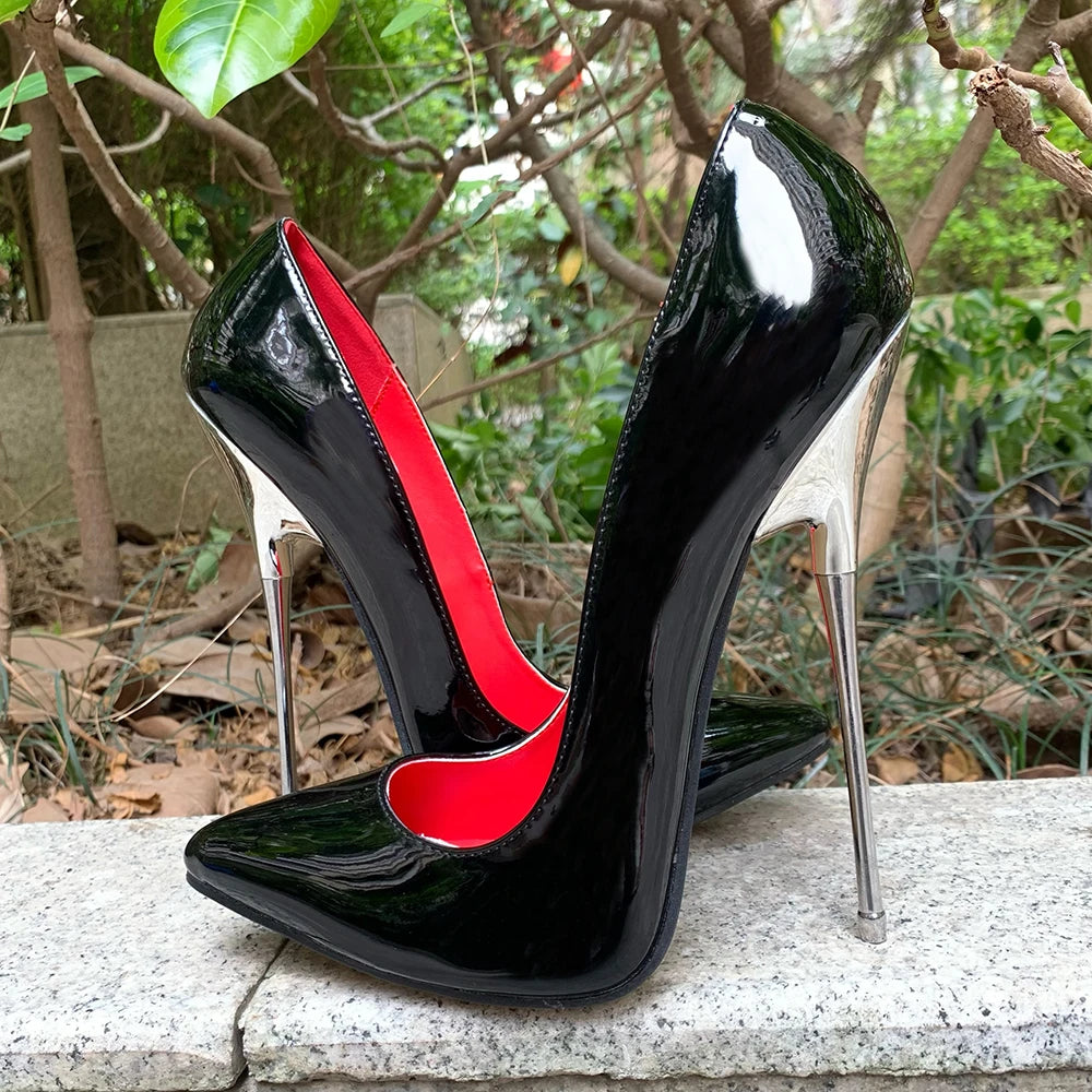 🔥16cm Extreme Heel Black Stiletto Shiny Silver Plated heel Pumps Fetish Catwalk Model Men Size35-46🔥