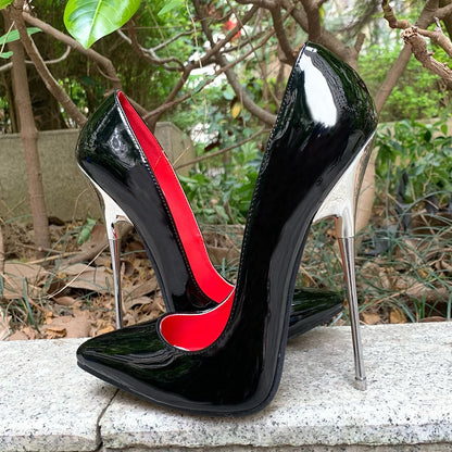 🔥16cm Extreme Heel Black Stiletto Shiny Silver Plated heel Pumps Fetish Catwalk Model Men Size35-46🔥