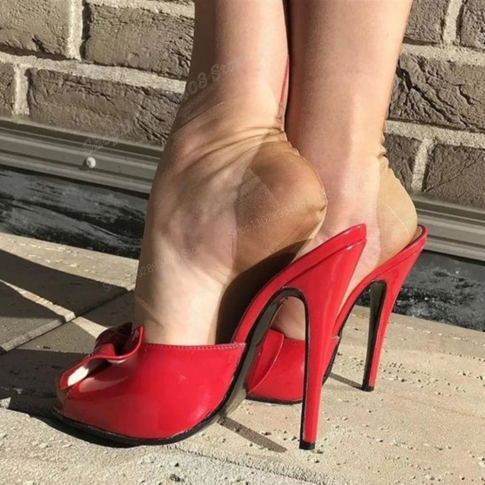 😍Red Butterfly Knot Design Peep Toe Slippers Patent Leather Stiletto High Heels😍